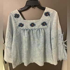 Embroidered POL Denim Blue Women's Peasant Embroidered Top M